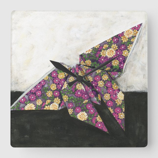 Origami Schmetterling auf Blumenpapier Quadratische Wanduhr (Vorderseite)