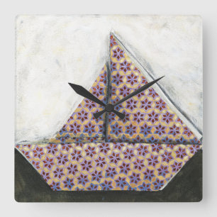 Origami Segelboot auf Stern-Entwurfs-Papier Quadratische Wanduhr
