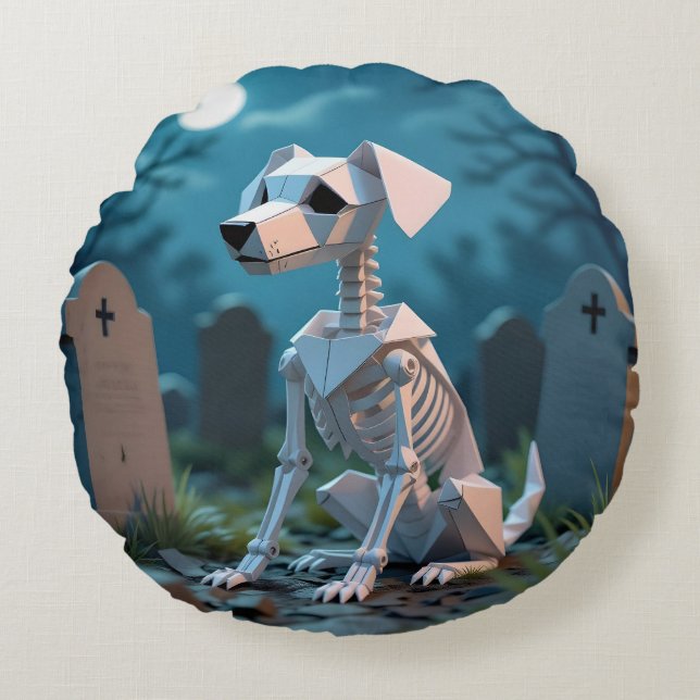 Origami Spooky Skeleton Dog Halloween Throw Pillow Rundes Kissen (Vorderseite)