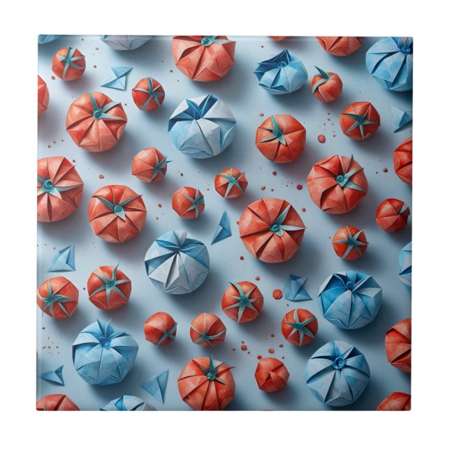 Origami Tomaten Pattern Red Blue Fliese (Vorderseite)