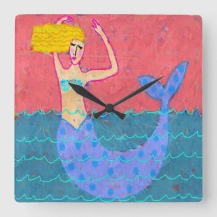 Original Abstrakte Mermaid-Kunst Quadratische Wanduhr