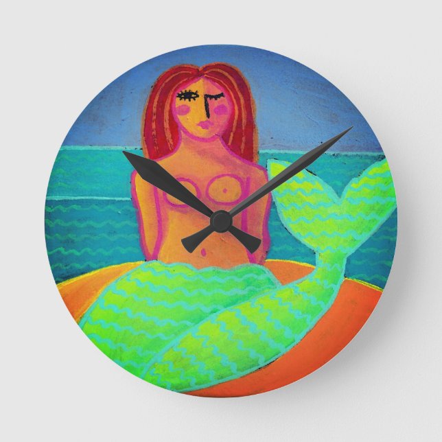 Original Abstrakte Mermaid-Malerei Runde Wanduhr (Vorderseite)