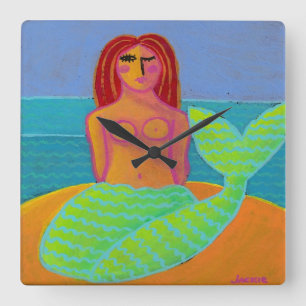 Original Abstrakte Mermaid-Runde-Uhr Quadratische Wanduhr