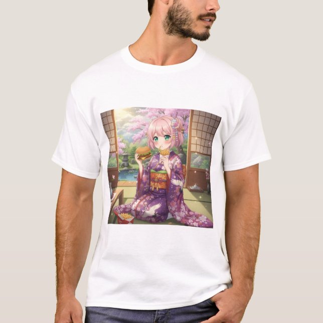 Original Anime Girl in Kimono - Japanischer Sommer T-Shirt (Vorderseite)