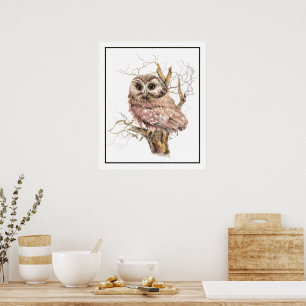 Original Aquarell-Baby-Kauz-Vogel-Kunst Poster