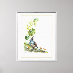 Original-Aquarell-Kalifornische Wachtelfamilie mit Leinwanddruck