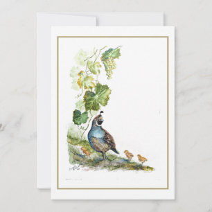 Original-Aquarell Kalifornische Wachtelfamilie Tra Karte