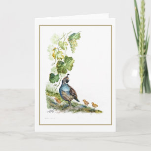 Original-Aquarell Kalifornische Wachtelfamilie Tra Karte