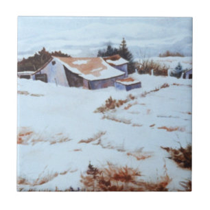 Original Aquareller Winterstallenlandschaft Tile Fliese
