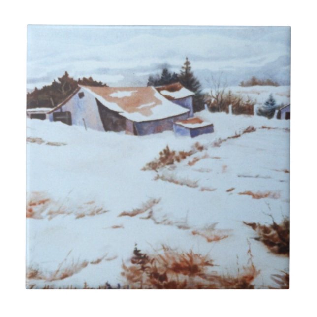 Original Aquareller Winterstallenlandschaft Tile Fliese (Vorderseite)