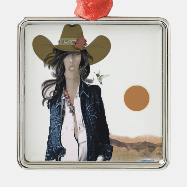 Original Art Cowgirl Ornament, Lanky Texas Cowgirl Ornament Aus Metall (Vorne)