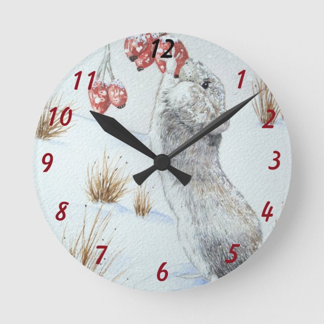 original art cute field mouse snow scene wildlife runde wanduhr (Vorderseite)