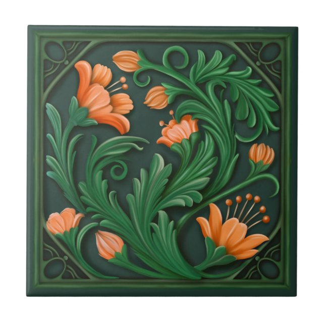 Original Artwork Green und Orange Blume Fliese (Vorderseite)