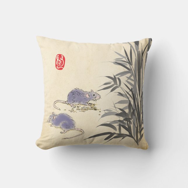 Original Bamboo Rat Malerei Chinesisches Jahr Zodi Kissen (Vorderseite)