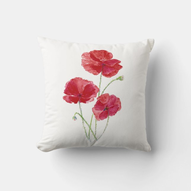 Original Blume Wasserfarbe Roter Mohngarten Kissen (Vorderseite)