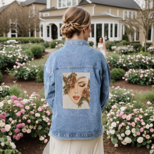 Original Erdige Florale Frauenporträt-Kunstprint Jeansjacke