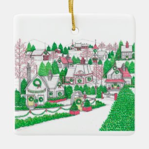 Original Hand gezeichnete Weihnachtsdorf Ornament
