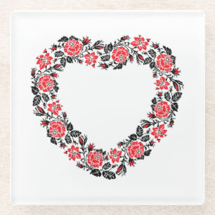Original Heart of cross-stitch red rose flowers Glasuntersetzer