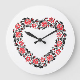 Original Heart of cross-stitch red rose flowers Große Wanduhr