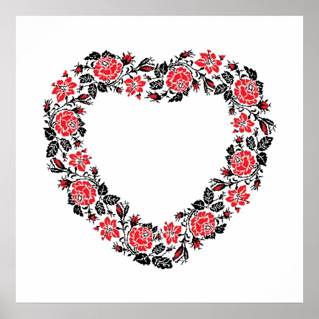 Original Heart of cross-stitch red rose flowers Poster (Vorne)
