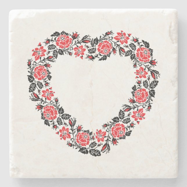 Original Heart of cross-stitch red rose flowers Steinuntersetzer (Vorderseite)