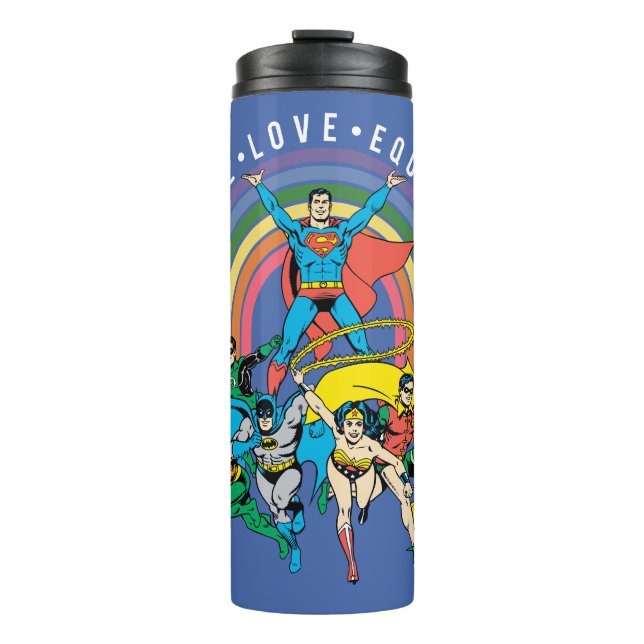 Original Justice League - Peace, Liebe, Gleichheit Thermosbecher (Vorderseite)