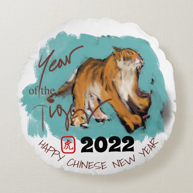 Original Malerei 4 Chinesisches Tiger Jahr Geburts Rundes Kissen (Vorderseite)