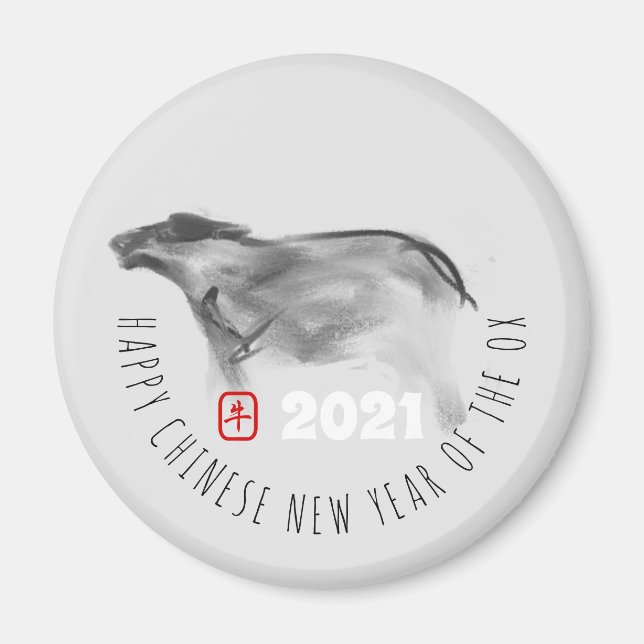 Original-Malerei OX Chinesisch Neujahr 2021 RRM Magnet (Vorne)