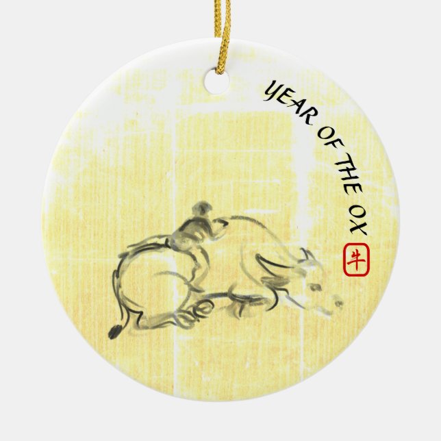 Original Malerei Wasser Buffalo Kind Ox Jahr CRO Keramik Ornament (Vorne)