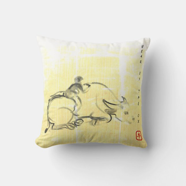 Original Malerei Wasser Buffalo Kind Ox Jahr SqP Kissen (Vorderseite)