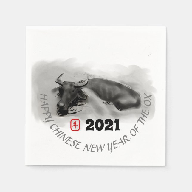 Original Malerei Wasser Buffalo Ox Neujahr PN Serviette (Vorderseite)