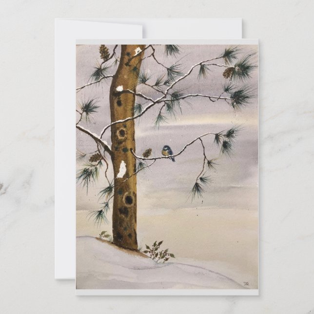 Original Pine and Bird in Snow Art on Blank Card Einladung (Vorderseite)