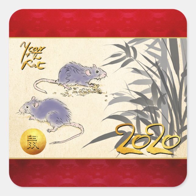 Original Rats Bamboo Malerei 2020 Quadrataufkleber Quadratischer Aufkleber (Vorderseite)