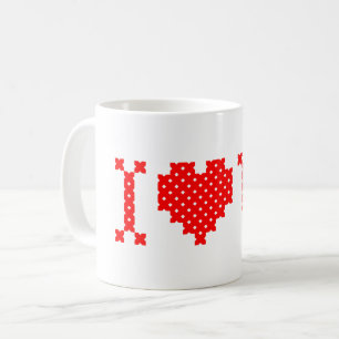Original Stickdesign mit rotem Kreuzstich A LOVE Y Kaffeetasse