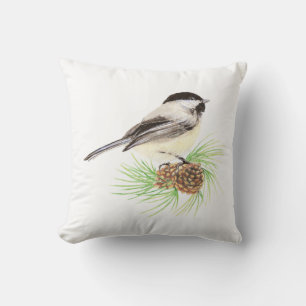 Original Wasserfarbe Chickadeo im Pine Tree Natur Kissen