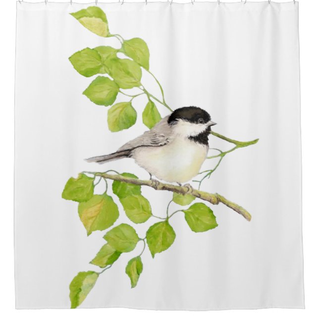 Original Wasserfarbe Schwarz Kappte Chickadevogel Duschvorhang (Vorderseite)