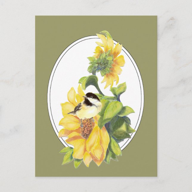 Original Wasserfarben-Chickade und Sonnenblume Postkarte (Vorderseite)