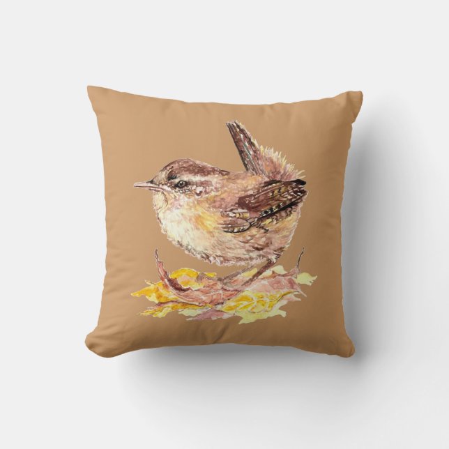 Original Watercolor Bird Niedlich House Wren Kissen (Vorderseite)