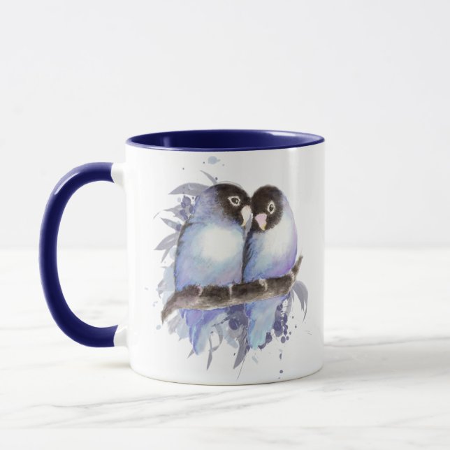 Original Watercolor Blue Lovebirts, Bird Tasse (Links)