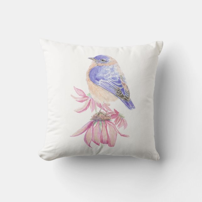 Original Watercolor Bluebird auf Echinacea Blume Kissen (Vorderseite)