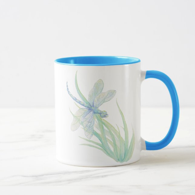 Original Watercolor Dragonfly in Blau und Grün Tasse (Rechts)