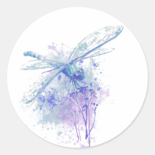 Original Watercolor Dragonfly in Blue Mauve Nature Runder Aufkleber