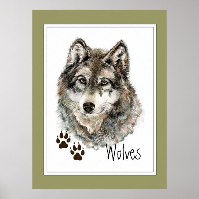 Original Watercolor Grau Wolf - Tracks Animal Poster (Vorne)