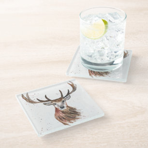 Originale Wasserfarbe Hirsch Rotwild Waldtiere Glasuntersetzer