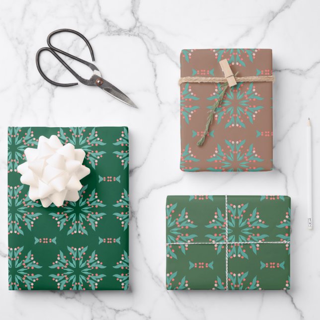 Originelle Blumenbeeren Schneeflocken Geschenkpapier Set (Vorderseite)