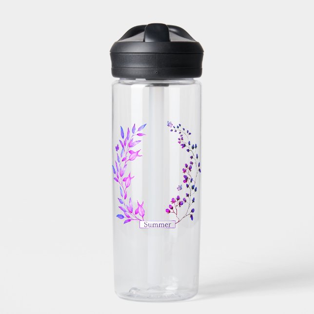 Originelle Gestaltung von violetten Blumen und Äst Trinkflasche (Vorderseite)