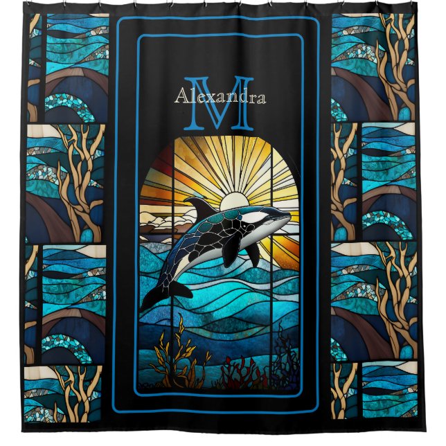 Orka Whale Stain Glass Blues Black Modern Beach Duschvorhang (Vorderseite)