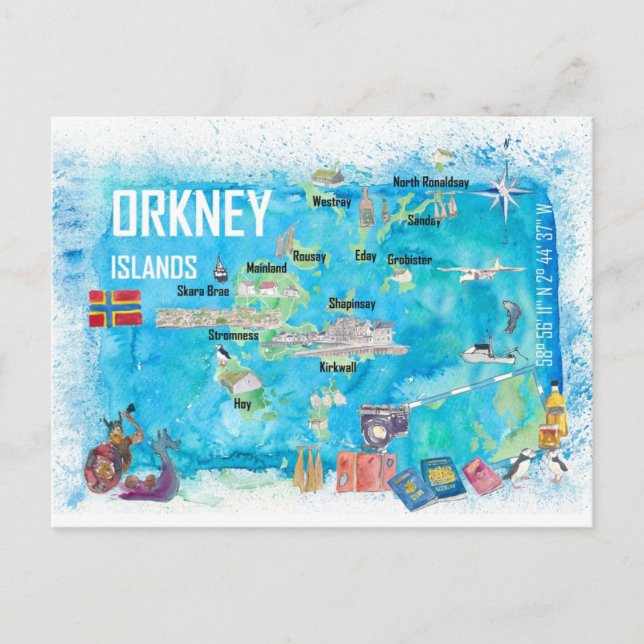 Orkney Islands Illustrierte Reisekarte Postkarte (Vorderseite)