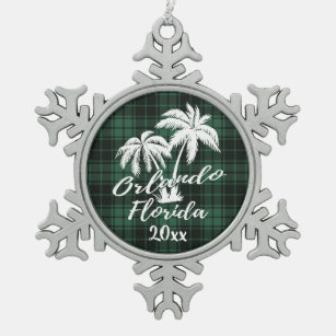 Orlando Beach Florida Palm Green Kariert Schneeflocken Zinn-Ornament