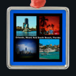 Orlando, Miami, South Beach Collage Ornament Aus Metall<br><div class="desc">Orlando Miami South Beach Collage, wenn die berühmtesten Reiseziele von Florida. Ein großer Teil des Staat von Florida liegt auf einer Halbinsel zwischen dem Golf von Mexiko, dem Atlantischen Ozean und der Straße von Florida. Florida hat die längste Küstenlinie in den benachbarten Vereinigten Staaten mit einer Länge von etwa 1.350...</div>